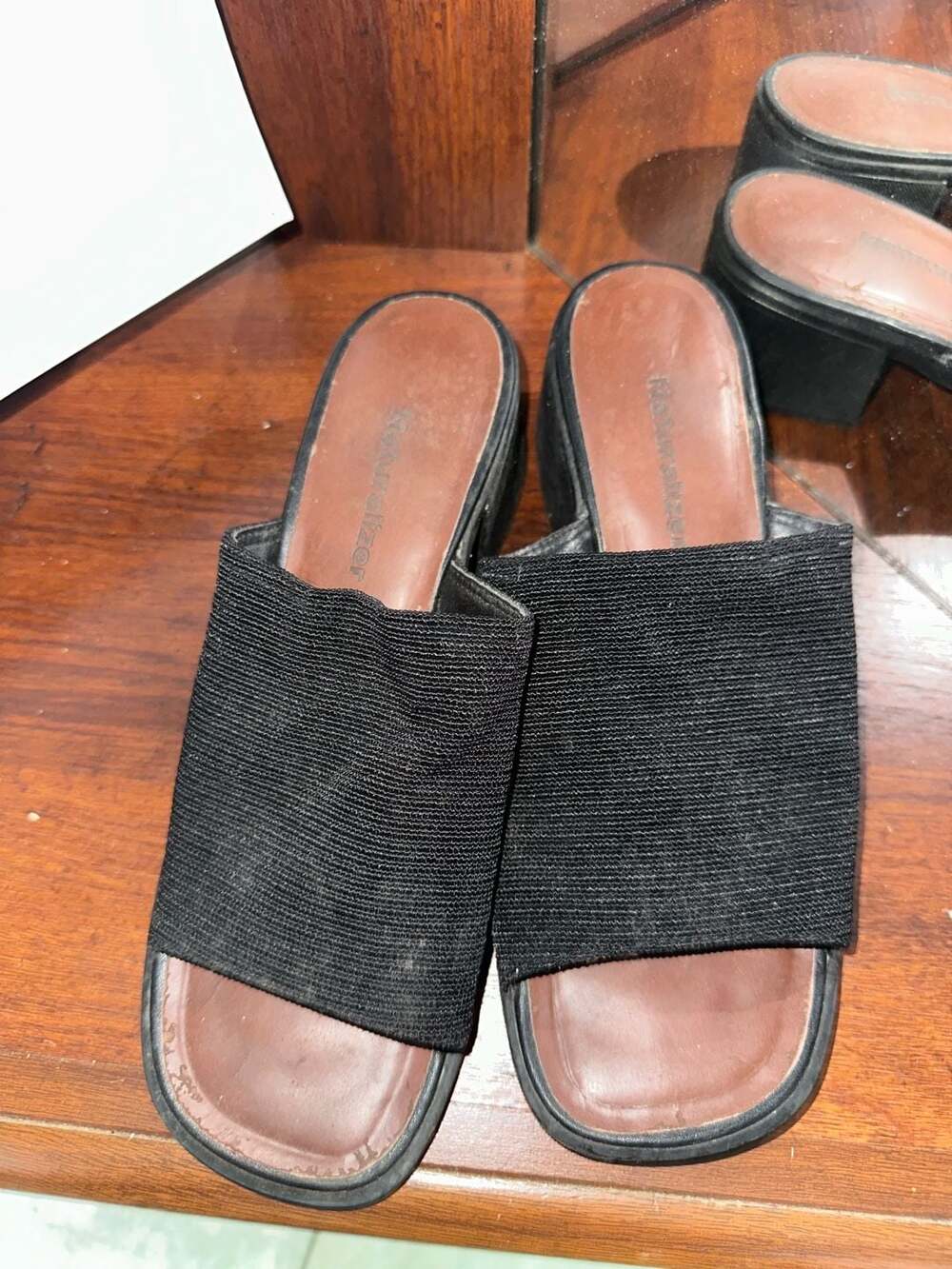 Vintage Naturalizer Black Fabric Stretch Slides Stacked Heel Sandal Size 7M